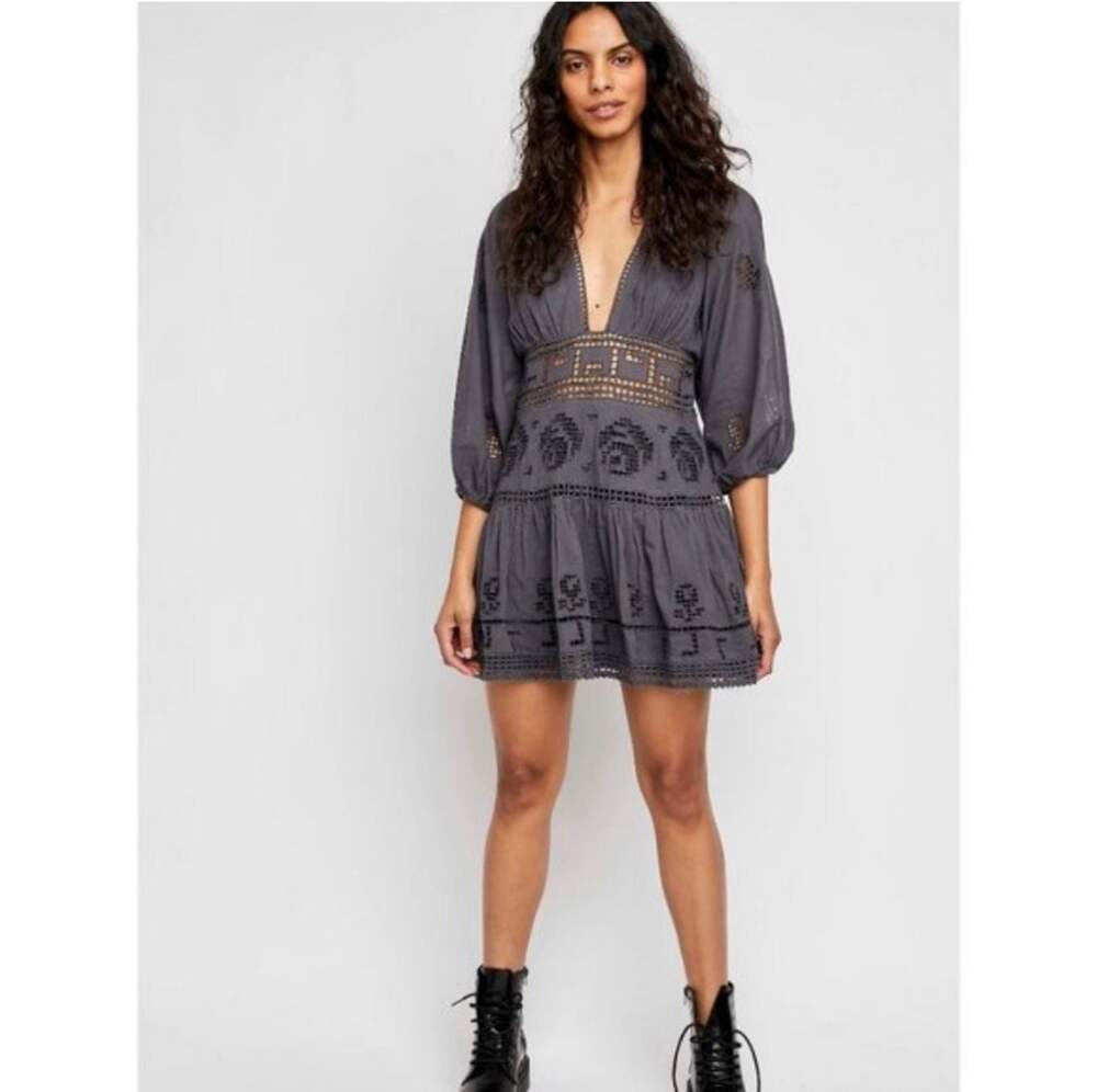 Free People Tea Time Embroidered Mini Dress in Charcoal Grey 2